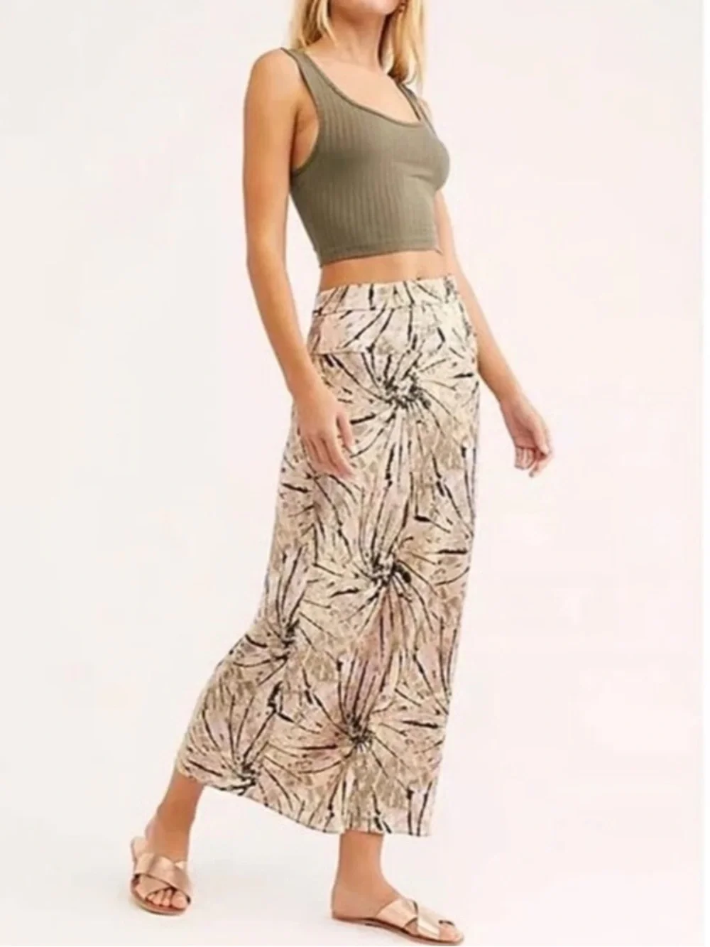 Free People Womens Normani Pink Satin Printed Ankle Midi Skirt 8 Neutral Swirl
